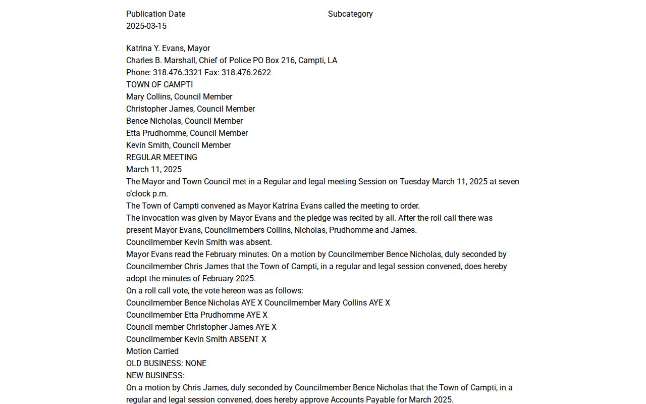 Campti police public notice arrest report period