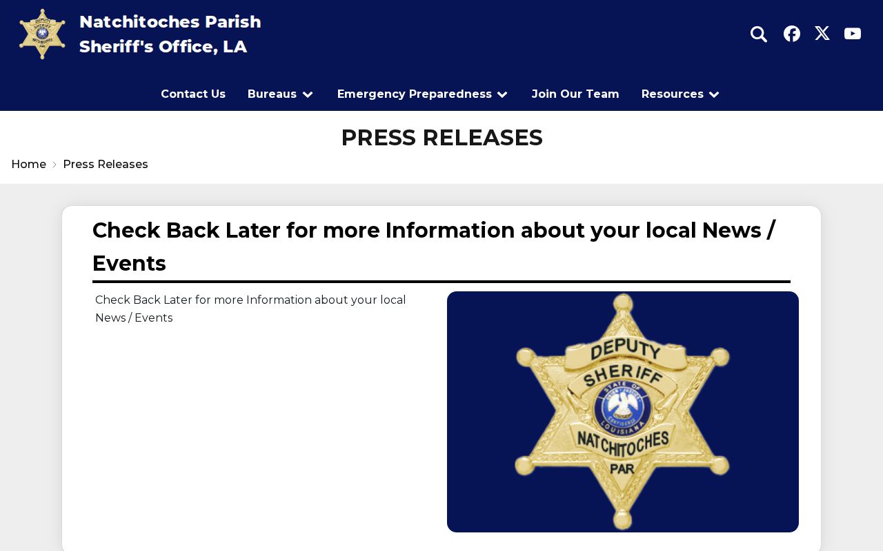 Natchitoches Parish Sheriff press release arrest feed empty state